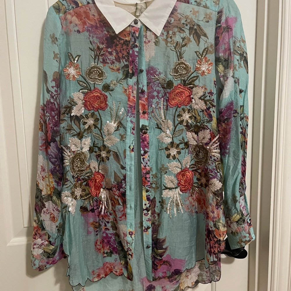 Aratta Floral Embroidered Sheer Blouse - Teal and Multicolor
